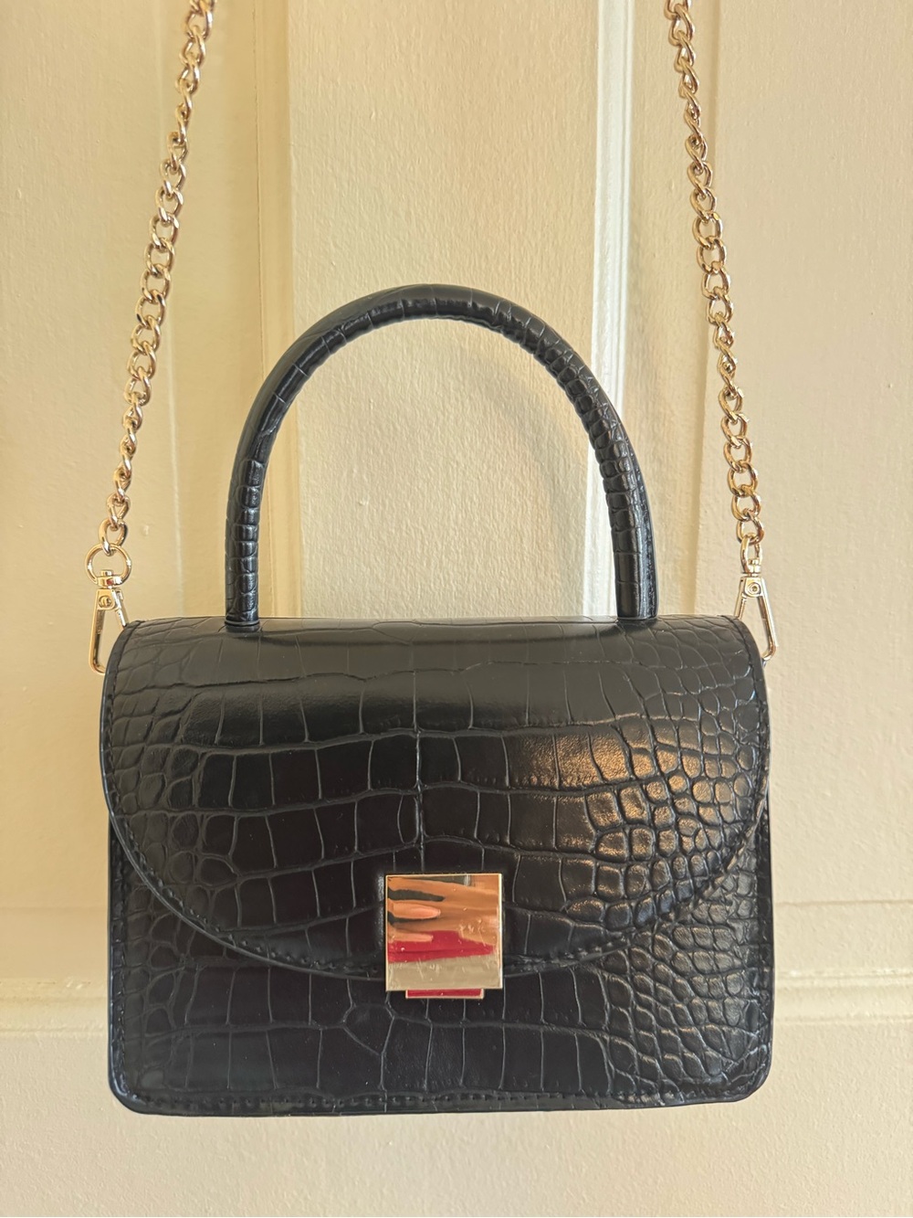 Black Croc-Embossed Top Handle Bag with Gold Chain